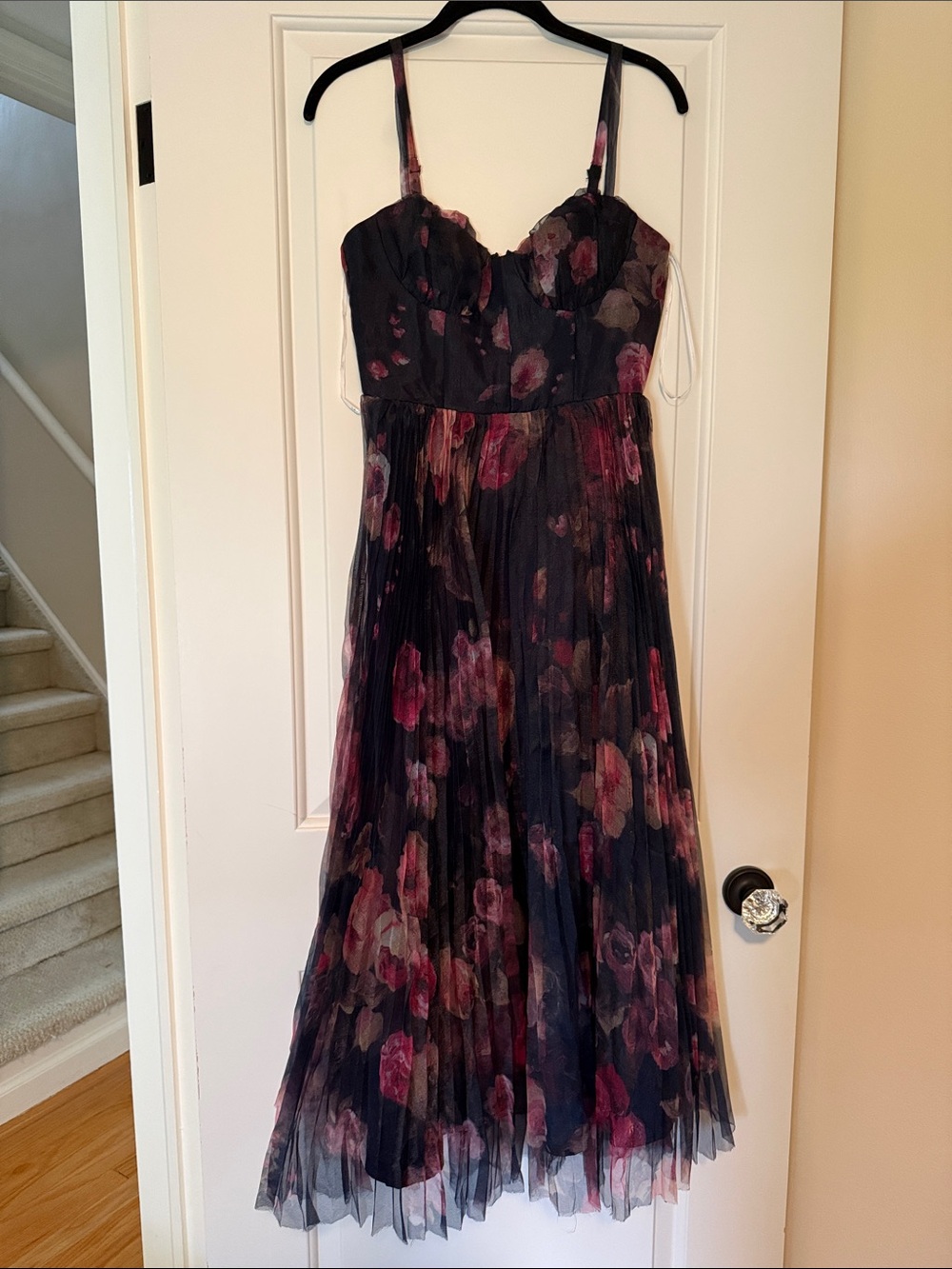 Lulu's Navy Floral Midi Dress with Pink & Burgundy Blooms
